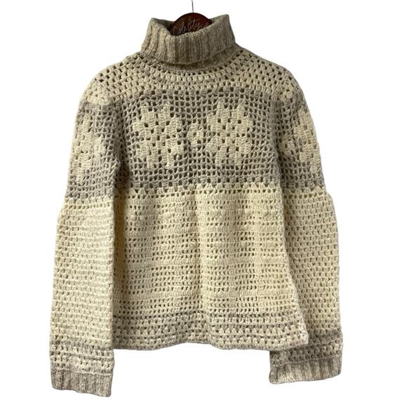 Express Crochet Snowflake Sweater Ivory And Tan Large Handknit Turtleneck - Picture 10 of 10